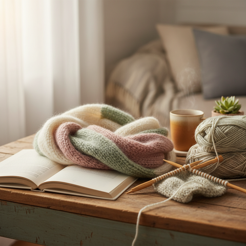 Écharpe à capuche fait main : laine, aiguilles et accessoires DIY