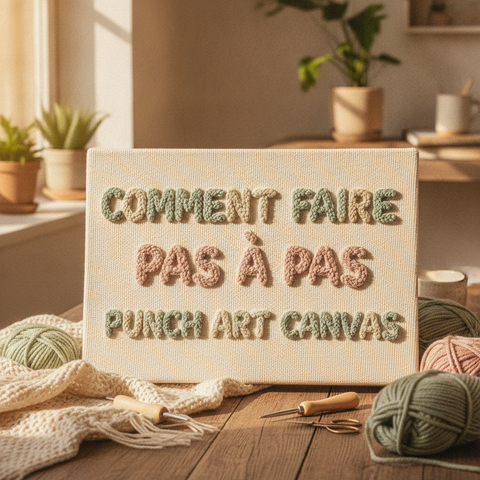 Punch art canvas : mains piquant une toile pre-imprimee avec aiguille et fils colores
