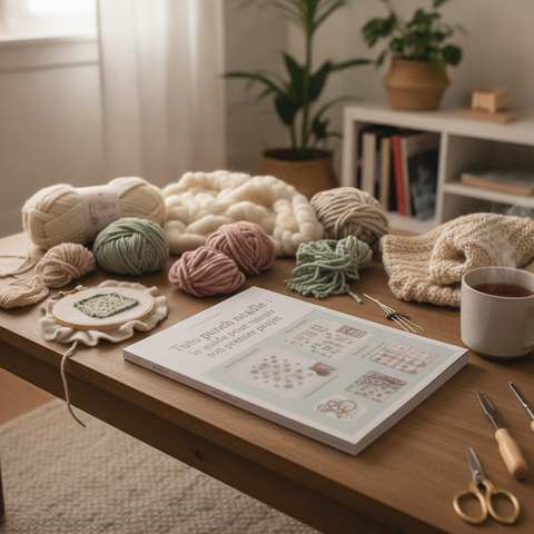 Tuto punch needle : scene atelier avec toile monk's cloth, tambour bois et laine coton