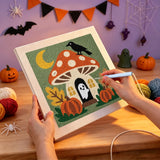 Broderie punch needle en cours sur la toile de la maison champignon au fantôme