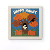 Punch Needle Halloween Arbre au Corbeau : tableau brodé terminé sur son cadre