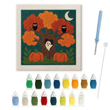Contenu du kit punch needle hiboux Halloween : toile sur cadre, aiguilles et fils de laine