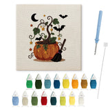 Contenu du kit punch needle Halloween arbre étoilé : toile sur cadre, aiguilles et fils de laine