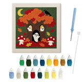 Contenu du kit punch needle arbre aux fantômes : toile sur cadre, aiguilles et fils de laine