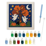 Contenu du kit punch needle Halloween : toile sur cadre, aiguilles et fils de laine