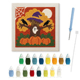 Contenu du kit punch needle arbre Halloween : toile sur cadre, aiguilles et fils de laine