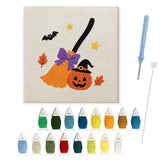 Contenu du kit punch needle Halloween balai : toile sur cadre, aiguilles et fils de laine