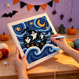 Broderie punch needle en cours sur la toile du bateau fantôme dans les vagues