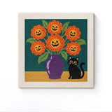 Punch Needle Halloween Bouquet et Chat : tableau brodé terminé sur son cadre