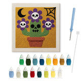 Contenu du kit punch needle cactus crâne : toile sur cadre, aiguilles et fils de laine