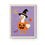 Punch Needle Halloween Canard Potiron : tableau brodé terminé sur son cadre