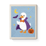 Punch Needle Halloween Canard Vampire : tableau brodé terminé sur son cadre