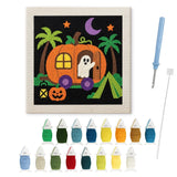 Contenu du kit punch needle caravane fantôme : toile sur cadre, aiguilles et fils de laine