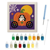 Contenu du kit punch needle Halloween : toile sur cadre, aiguilles et fils de laine