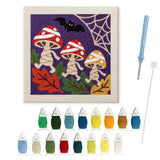 Contenu du kit punch needle champignons Halloween : toile sur cadre, aiguilles et fils de laine