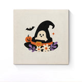 Punch Needle Halloween Chapeau Fantôme : tableau brodé terminé sur son cadre