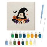 Contenu du kit punch needle Halloween chapeau fantôme : toile sur cadre, aiguilles et fils de laine