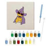 Contenu du kit punch needle Halloween chat à lunettes : toile sur cadre, aiguilles et fils de laine