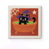Punch Needle Halloween Chat au Bain : tableau brodé terminé sur son cadre