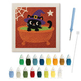 Contenu du kit punch needle chat au bain : toile sur cadre, aiguilles et fils de laine