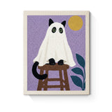 Punch Needle Halloween Chat au Tabouret : tableau brodé terminé sur son cadre