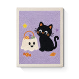 Punch Needle Halloween Chat aux Bonbons : tableau brodé terminé sur son cadre