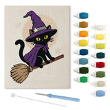 Contenu du kit punch needle chat sur balai : toile sur cadre, aiguilles et fils de laine