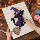 Broderie punch needle en cours sur la toile du chat en cape violette, aiguille en main