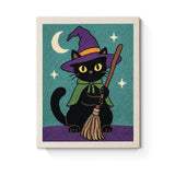 Punch Needle Halloween Chat Cape Verte : tableau brodé terminé sur son cadre