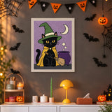 Tableau punch needle chat au chaudron accroché au mur dans une déco d'Halloween