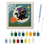 Contenu du kit punch needle chat sur balai : toile sur cadre, aiguilles et fils de laine