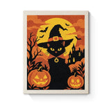 Punch Needle Halloween Chat du Manoir : tableau brodé terminé sur son cadre