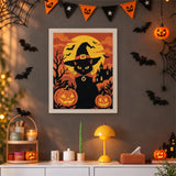 Tableau punch needle chat noir et pleine lune accroché au mur dans une déco d'Halloween