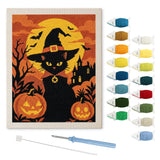 Contenu du kit punch needle chat du manoir : toile sur cadre, aiguilles et fils de laine