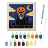 Contenu du kit punch needle chat Halloween : toile sur cadre, aiguilles et fils de laine
