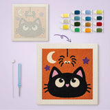 Toile imprimée numérotée et tableau punch needle chat noir et araignée terminé