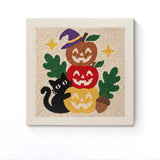 Punch Needle Halloween Chat et Potirons : tableau brodé terminé sur son cadre