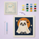 Toile imprimée numérotée et tableau punch needle chat sous son drap terminé