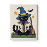Punch Needle Halloween Chat Grimoire : tableau brodé terminé sur son cadre