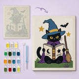 Toile imprimée numérotée et tableau punch needle chat grimoire terminé