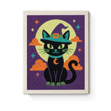 Punch Needle Halloween Chat Lune Verte : tableau brodé terminé sur son cadre