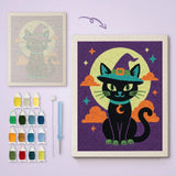 Toile imprimée numérotée et tableau punch needle chat lune verte terminé