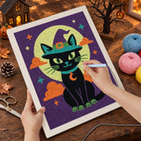 Broderie punch needle en cours, aiguille en main, sur la toile du chat noir et de sa lune