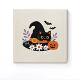 Punch Needle Halloween Chat Marguerites : tableau brodé terminé sur son cadre