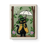 Punch Needle Halloween Chat Parapluie : tableau brodé terminé sur son cadre