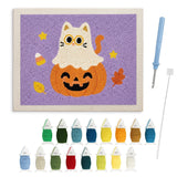 Contenu du kit punch needle chat perché : toile sur cadre, aiguilles et fils de laine