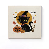 Punch Needle Halloween Chat Pleine Lune : tableau brodé terminé sur son cadre