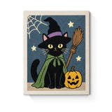 Punch Needle Halloween Chat Sorcier : tableau brodé terminé sur son cadre