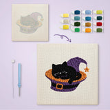 Toile imprimée numérotée et tableau punch needle chat sorcière terminé