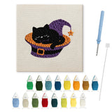 Contenu du kit punch needle Halloween : toile sur cadre, aiguilles et fils de laine